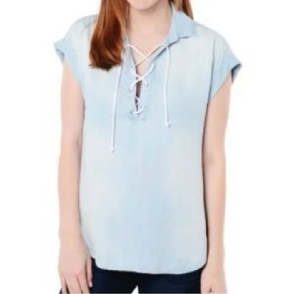 Bella Dahl Denim Tencel Cap Sleeve Lace Up Top. Size XS